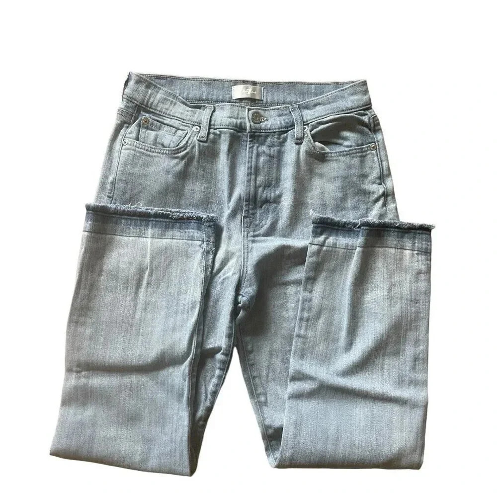 7 For All Mankind Light Blue Jeans Size 30 Cropped Distressed Stretch